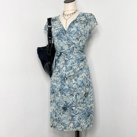 Y2K 00s Mesh Faux Wrap Dress Blue Floral V-Neck Sweet Pea Large Resort Vacation - Picture 1 of 10